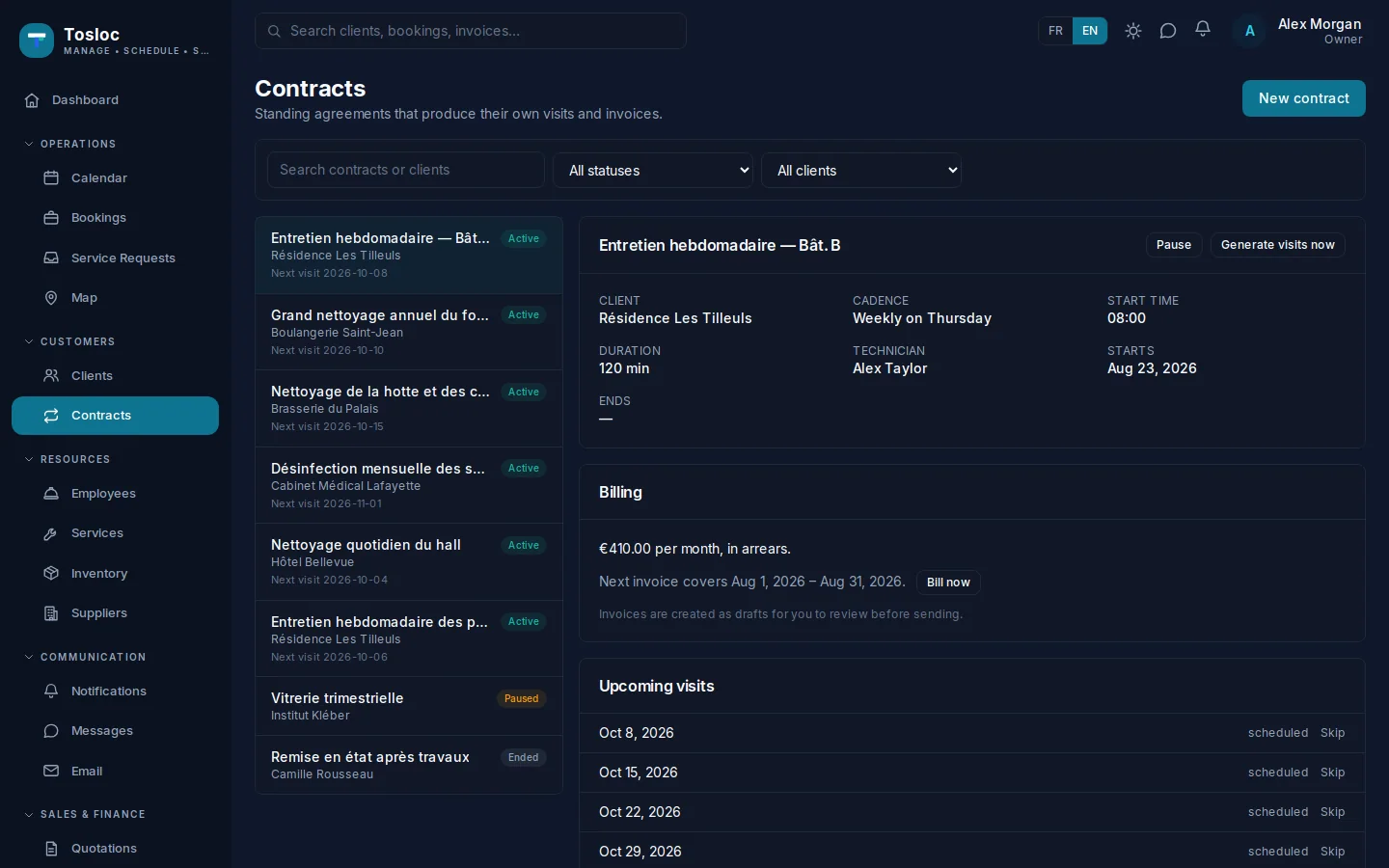 A recurring contract with its generated visits