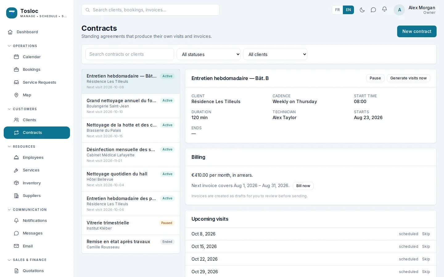 A recurring contract with its generated visits
