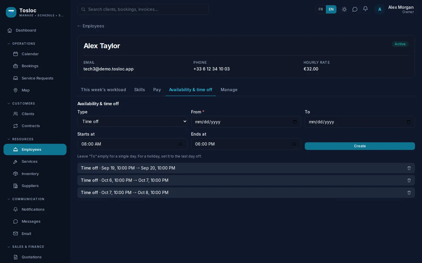 The team list with profiles and availability