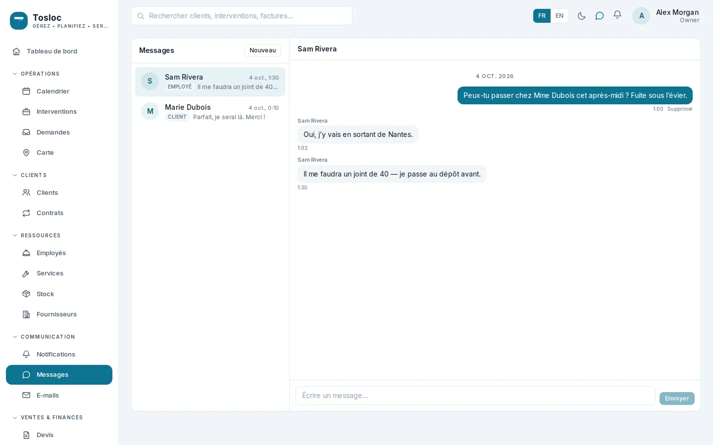 La messagerie entre vous et votre client